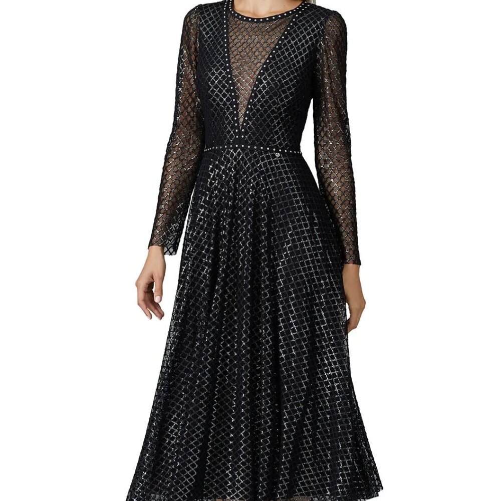 NISSA Black Printed Tulle Midi Dress US 10 - Picture 2 of 14